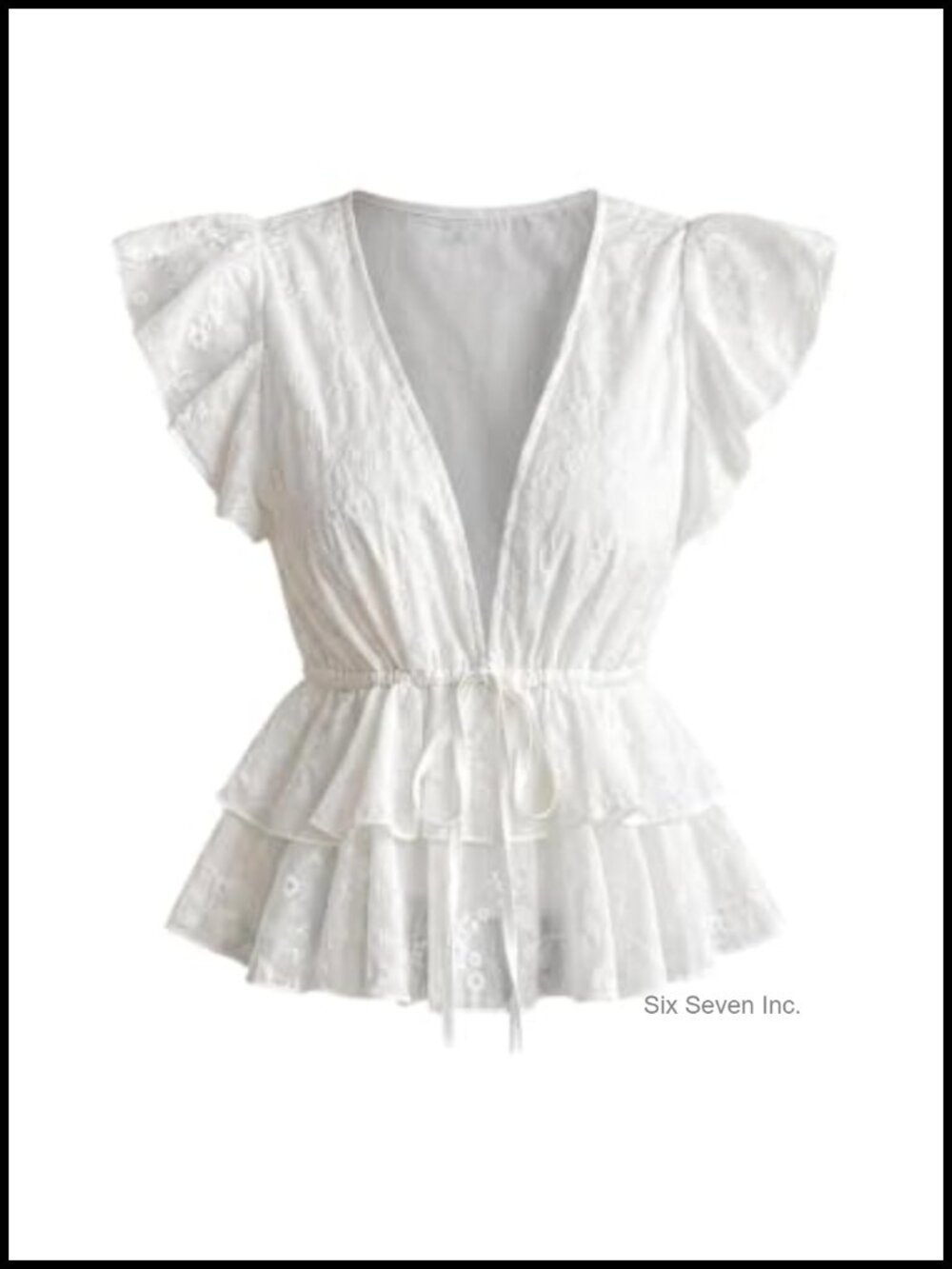 Floral Embroidered V Neck Ruffle Cap Sleeve Blouse Tie Front Tiered Women's Top